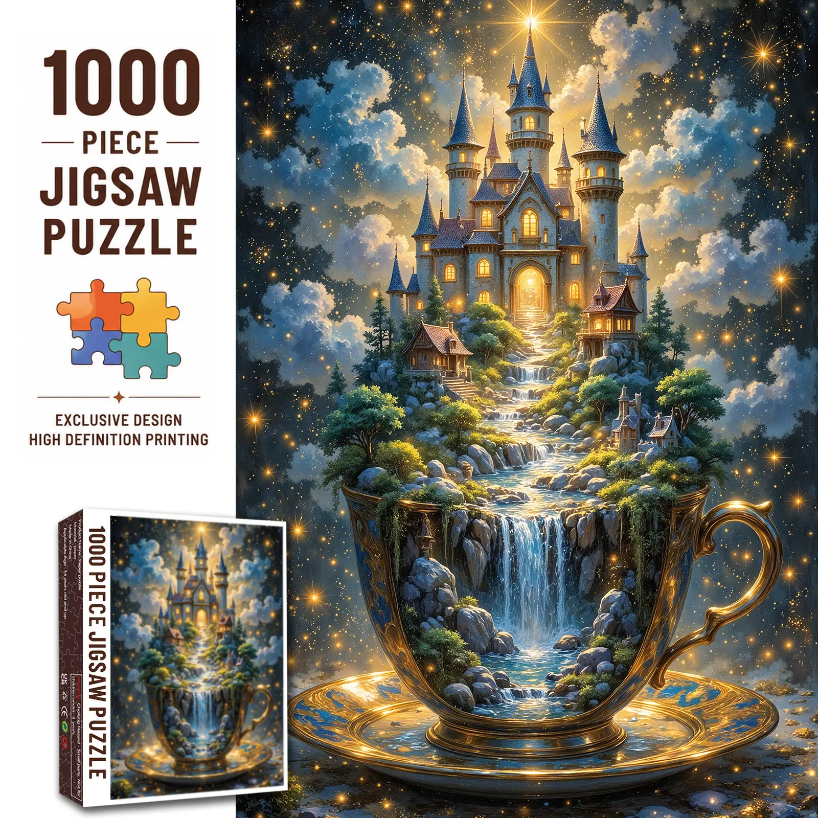 Walarky 1000-Piece Magical Theme Adult Jigsaw Puzzle - Fantasy Castle Waterfall, Magical Teacup, Starry Sky Landscape, Stress Reliever Brain Game, Gift & Wall Decor, 27.5x20in (70x50cm)