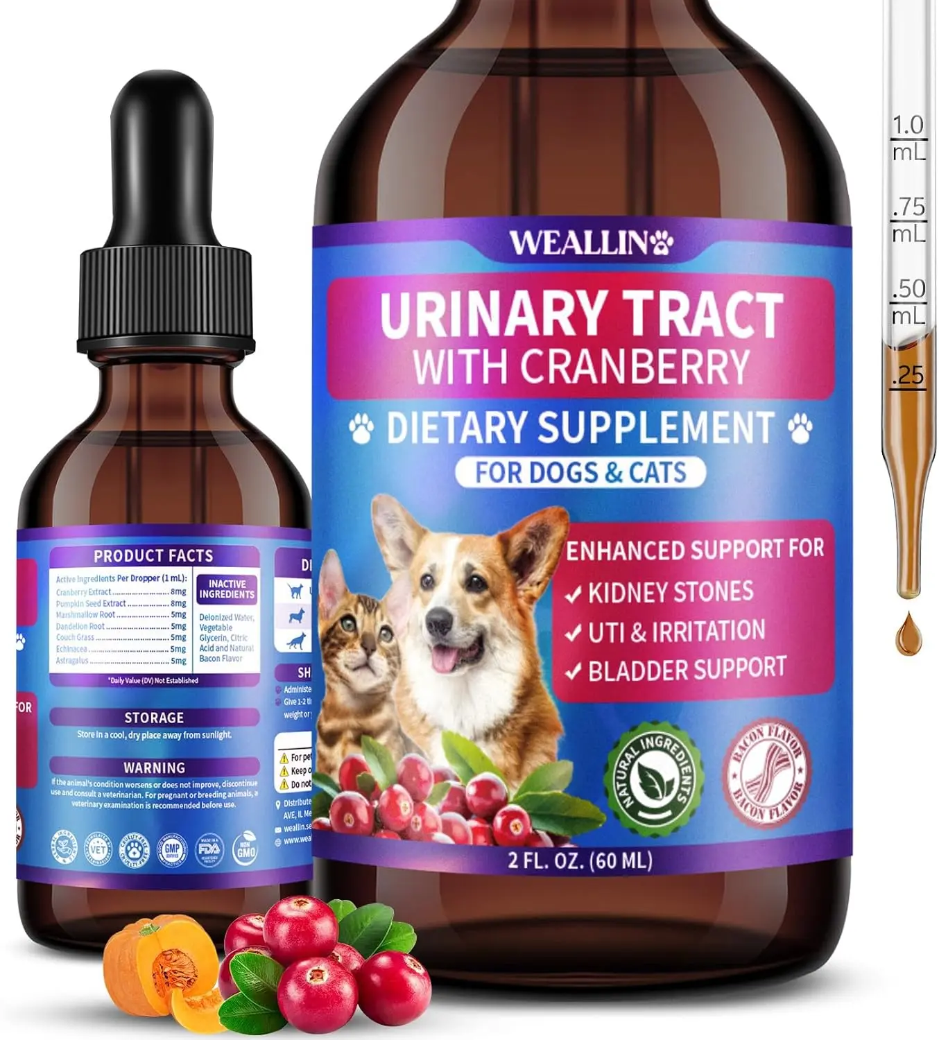 WEALLIN Urinary Tract Support Drops for Cats & Dogs - Natural Cranberry Pumpkin Supplement for Bladder, Kidney, Renal Health - Promotes Comfort, Urine Flow