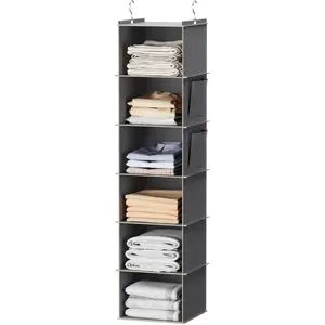 Hanging Closet Organizer and Storage 6-Shelf Closet Hanging Storage Shelves Grey Oxford Fabric Non-woven Material 5-10 kg Capacity Space Saving Design Easy to Use Bamboo Racks