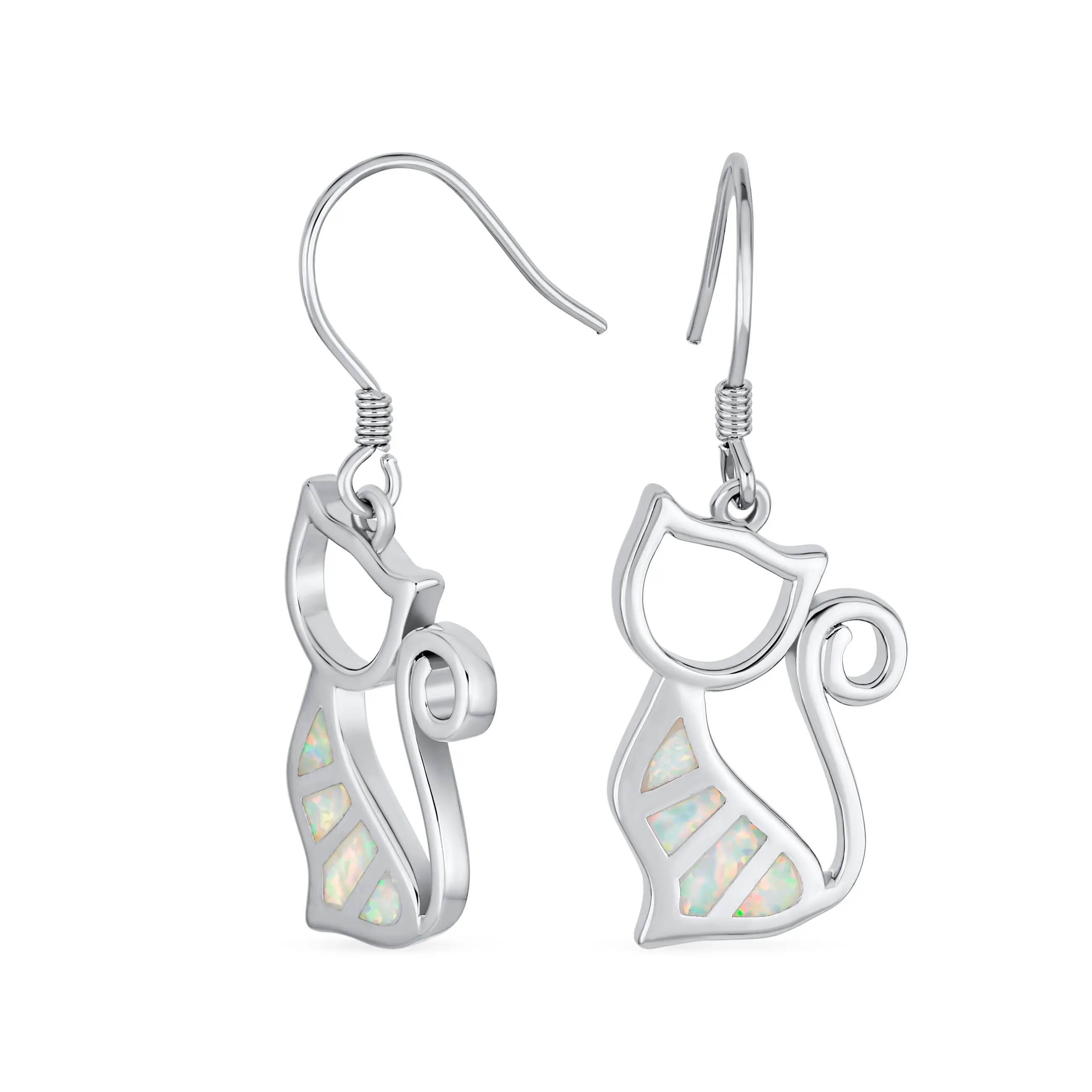 Animal Lover Pet White Created Opal Cat Dangle Earrings 925 Sterling Silver