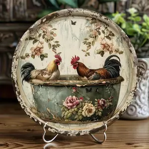 Vintage Chicken Pattern Round Wall Decor, 8 Inch Rustic Aluminum Metal Wall Decor, Wall Decor for Home, Cafe, Apartment Bathroom, Hanging Vintage Floral Print