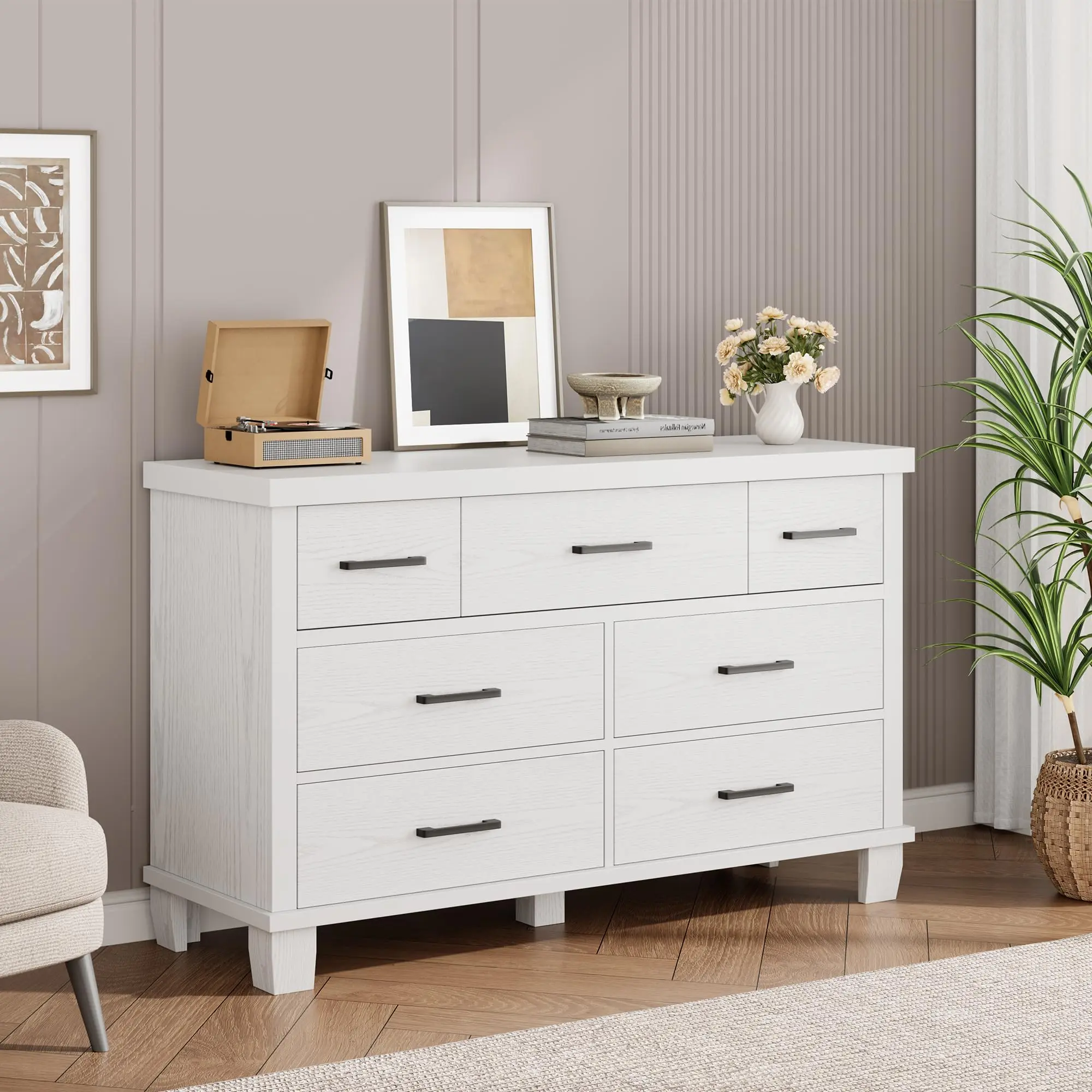 Modern Wood Drawer Dresser Cabinet - 7-Drawer 51" Wide Wooden Organizer with Metal Handles for Bedroom, Living Room