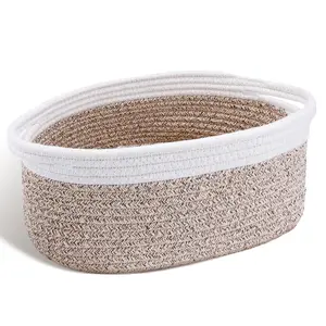 Sowyem Cute Small Woven Basket with Handles, 12"x 8" x 5" Rope Room Shelf Storage Basket Chest Box for Cat and Dog Toys, Empty Decorative Gift - Mixed Brown