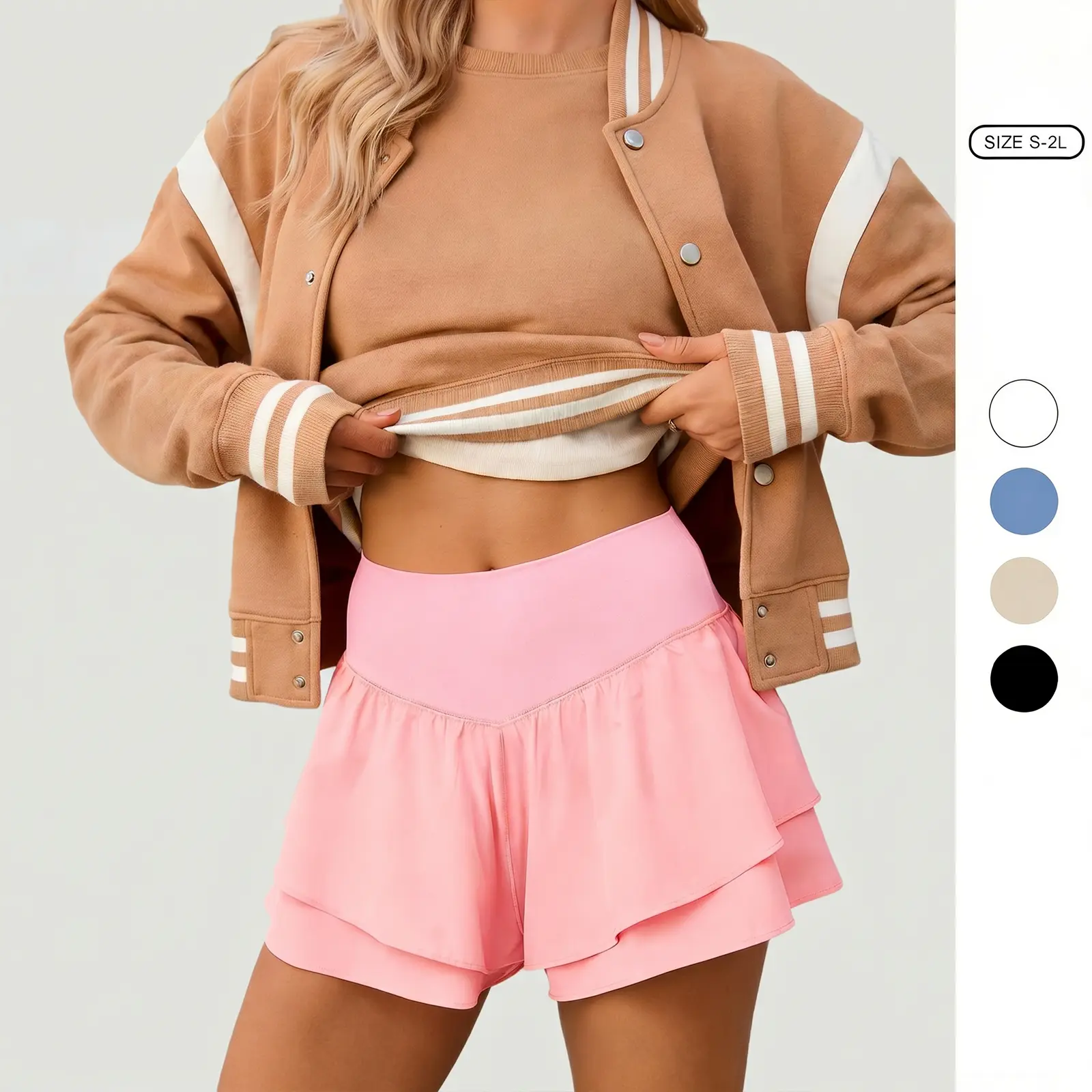 Imily Bela Womens High Waisted Athletic Shorts Ruffle Tiered Running Workout Tennis Shorts with Build in Shorts