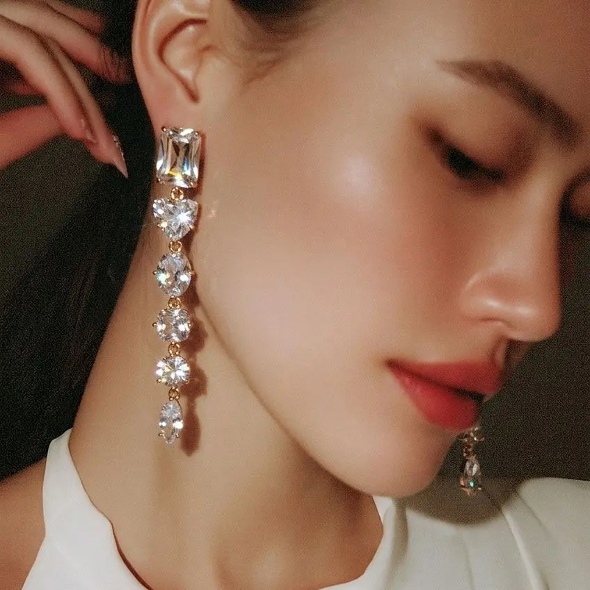Long, Elegant Clear Drop Earrings for Women, Dainty Statement Jewelry for Formal Events, Wedding Accessories