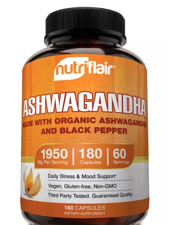 Nutriflair Organic Ashwagandha with Black Pepper 1600mg Dietary Supplement, Stress & Mood Support, Dairy-Free, Vegan-Friendly - 180 Capsules