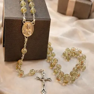 Gold Glass Catholic Rosary – Handmade Sacred Heart Medal – Elegant Christian Gift