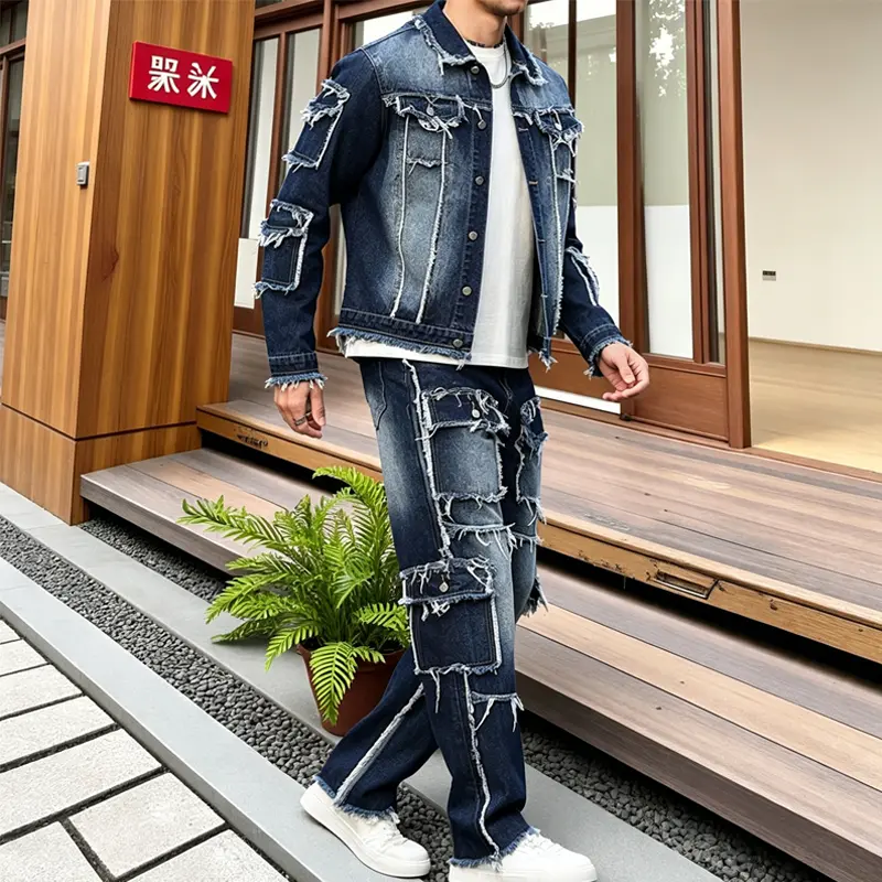 Men’s autumn distressed patchwork two-piece denim set featuring a workwear jacket with cargo pockets and frayed edges in a deconstructed design, paired with wide-leg jeans; vintage washed street-style denim outfit.