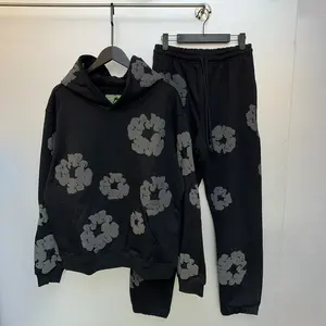 Denim Tears Hoodie & Jogger 2 Piece Tracksuit｜3D Puff Floral Print Oversized Loose Fit Black Cotton｜Unisex Men Teen Street Daily Weekend Outfit | Trendy Must-Have Ultra Cozy Stylish Outfit