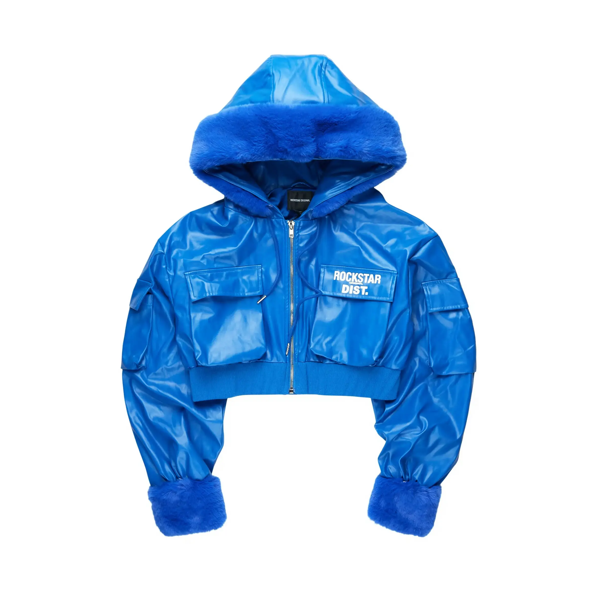 Amyia Royal Blue PU Jacket With Fur Hood Amyia Royal Blue PU Jacket With Fur Hood