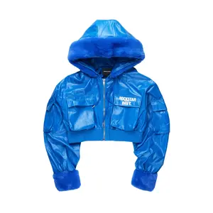 Amyia Royal Blue PU Jacket With Fur Hood