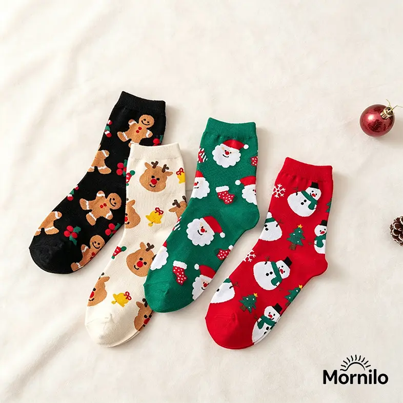1/4 Pairs Women’s Christmas Crew Socks, Cute Cartoon Mid-Calf Socks, Trendy Red Holiday Socks, Cozy Autumn Winter Novelty Socks, Festive Christmas Gift Stocking Stuffers