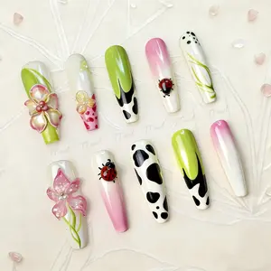 3D Floral Ladybug Press on Nails | Cow Print, Ombré, Drip Accents