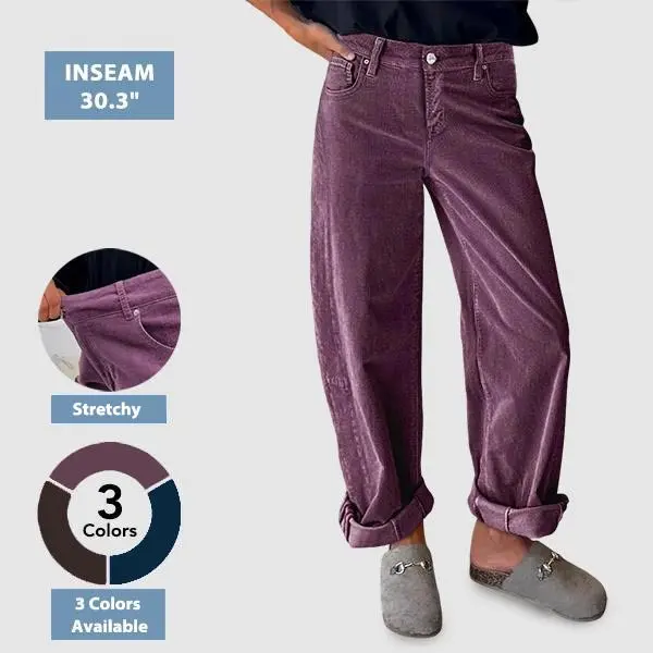 Flamingals Corduroy Mid Rise Straight Leg Pants Casual Everyday Wear Stretchy Multiple Colors Trouser Style