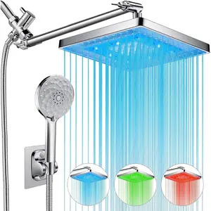 Dual Rain Shower Head 8 Inch – 11 Inch Adjustable Arm With 7 Setting High Pressure Handheld – LED Color Changing Water Temperature Display – Chrome