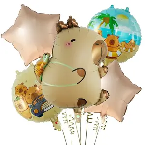 5-Piece Capybara Cartoon Aluminum Foil Balloons Set, Star/printed Round Balloons, Ideal for Birthday Parties, Picnics, Home Decor, Amusement Parks