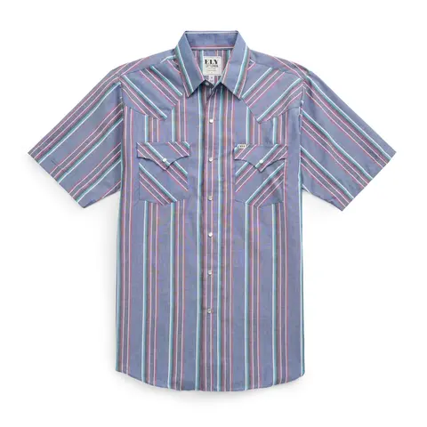 Men's Traditional Ely Cattleman Western Short-Sleeve Striped Top - Premium Polyester Fabric, 2 Snap Pockets, Pearl Snaps, Cowboy Old West Classic Country Western Casual Shirts