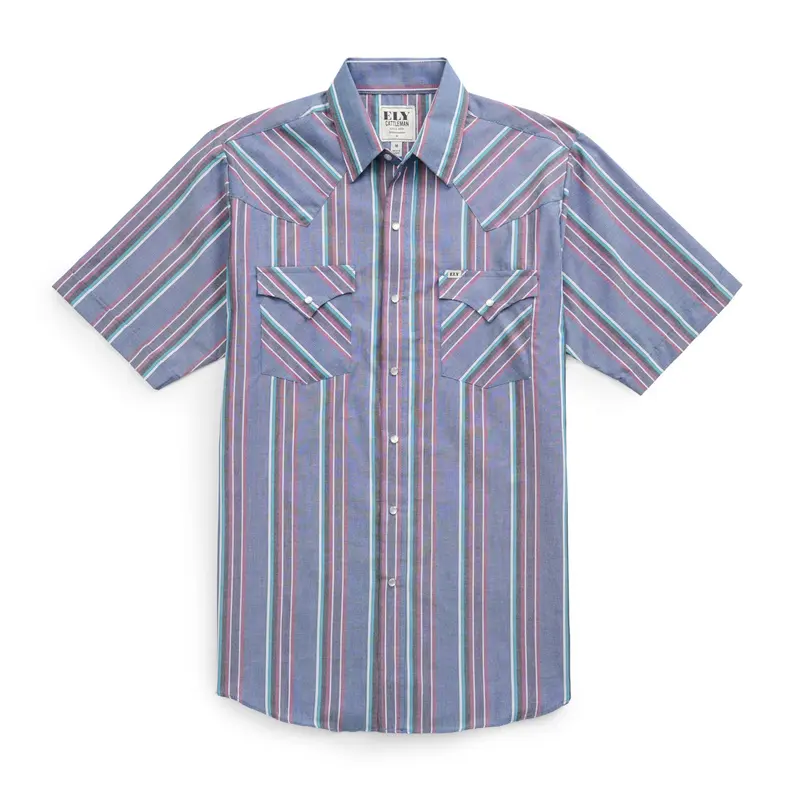 Men's Traditional Ely Cattleman Western Short-Sleeve Striped Top - Premium Polyester Fabric, 2 Snap Pockets, Pearl Snaps, Cowboy Old West Classic Country Western Casual Shirts