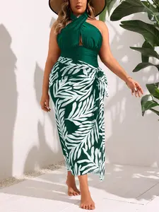 Women's Plus Size One Piece Swimsuit Set Emerald Green Cross Front with Palm Leaf Sarong Wrap Skirt, Two Piece Sets, High Stretch