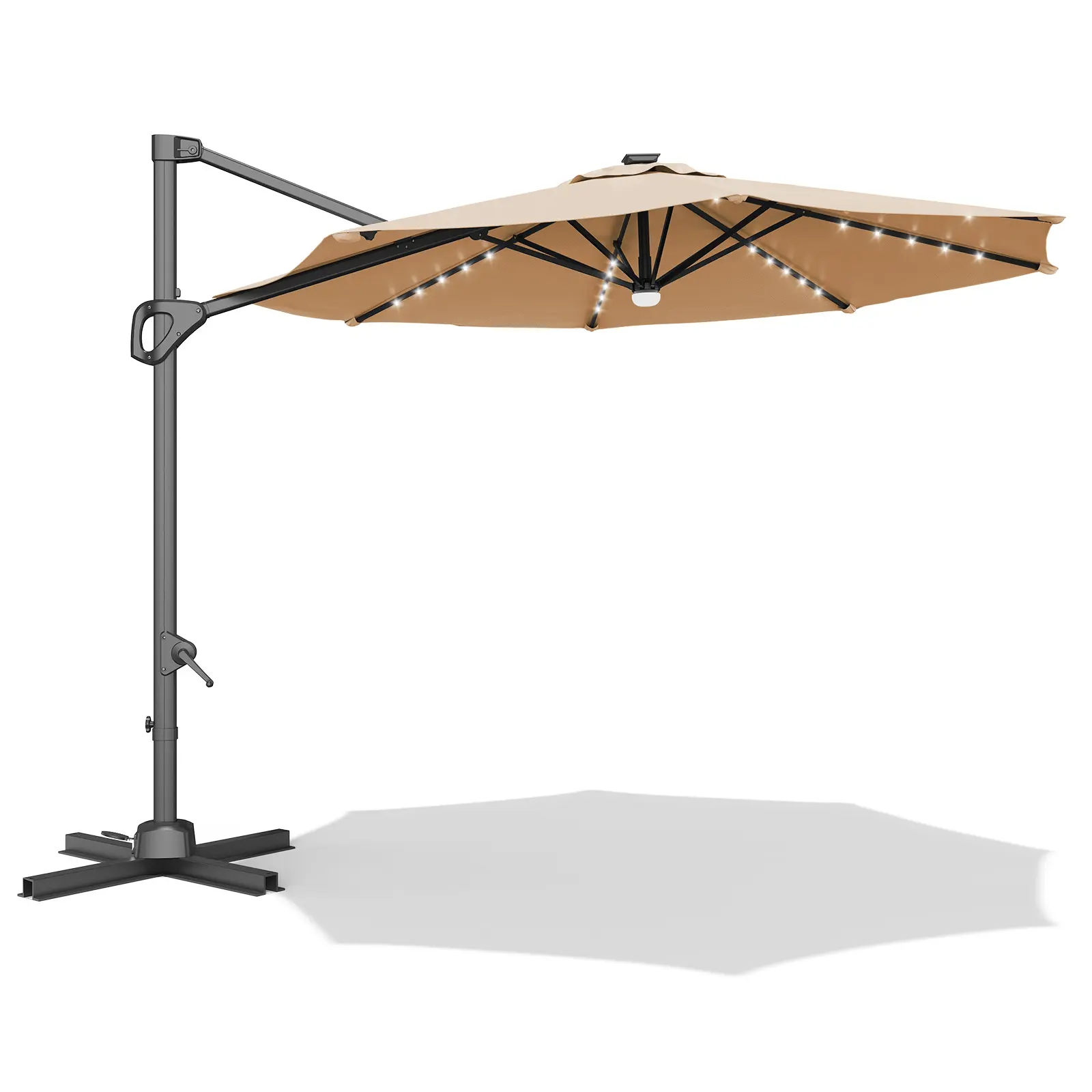 10 foot offset terrace umbrella with solar LED lights, 360 ° rotation, easy to tilt cantilever, cross base, used for backyard, swimming pool, garden, outdoor UV resistant polyester sunshade