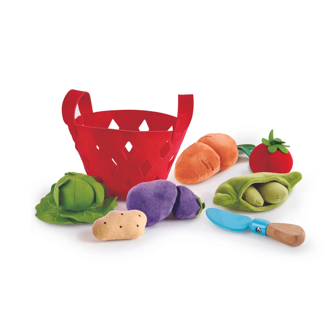 Hape Toddler Kitchen Pretend Play Toy Kit - Soft Squishy Felt Fabric Vegetable Basket with 6 Vegetables (Potato, Eggplant, Cabbage, Bean Pod), Sensory Toy for Tactile Exploration & Fine Motor Skills Development
