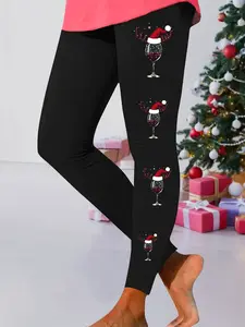 Women's Christmas Wine Glass Hat Print Casual Slim Fit Yoga Running Pants, Comfortable Elastic Tight Leggings for All Seasons Sports Bottoms Fitness Pants