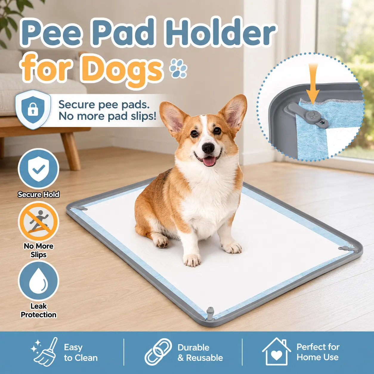 Dog Pee Pad Holder - Non-Slip Silicone Puppy Potty Training Tray with 4 Magnetic Clips, Leak-Proof Raised Edge, Indoor Home Floor Protection, Puppy Essential