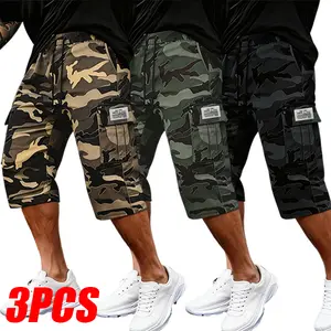 Men's 3-Pack Camouflage Cargo Shorts - Military-Themed Tactical Pocketed Menswear, Mid-Thigh Length, Loose Fit, Adjustable Drawstring Waist, Casual for Everyday Wear, Outdoor Activities, Father's Day Gifts, Military-Themed Men's Shorts