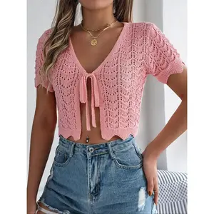 Spring and summer solid color hollow out short sleeved knitted cardigan, casual scallop design fitted top, holiday crop top sweaterRAIMENTRY
