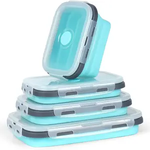 Set of 4 Foldable Silicone Food Storage Boxes, Leak-Proof Lunch Containers with Sealed Plastic Lids, Microwave Safe, Dishwasher Friendly