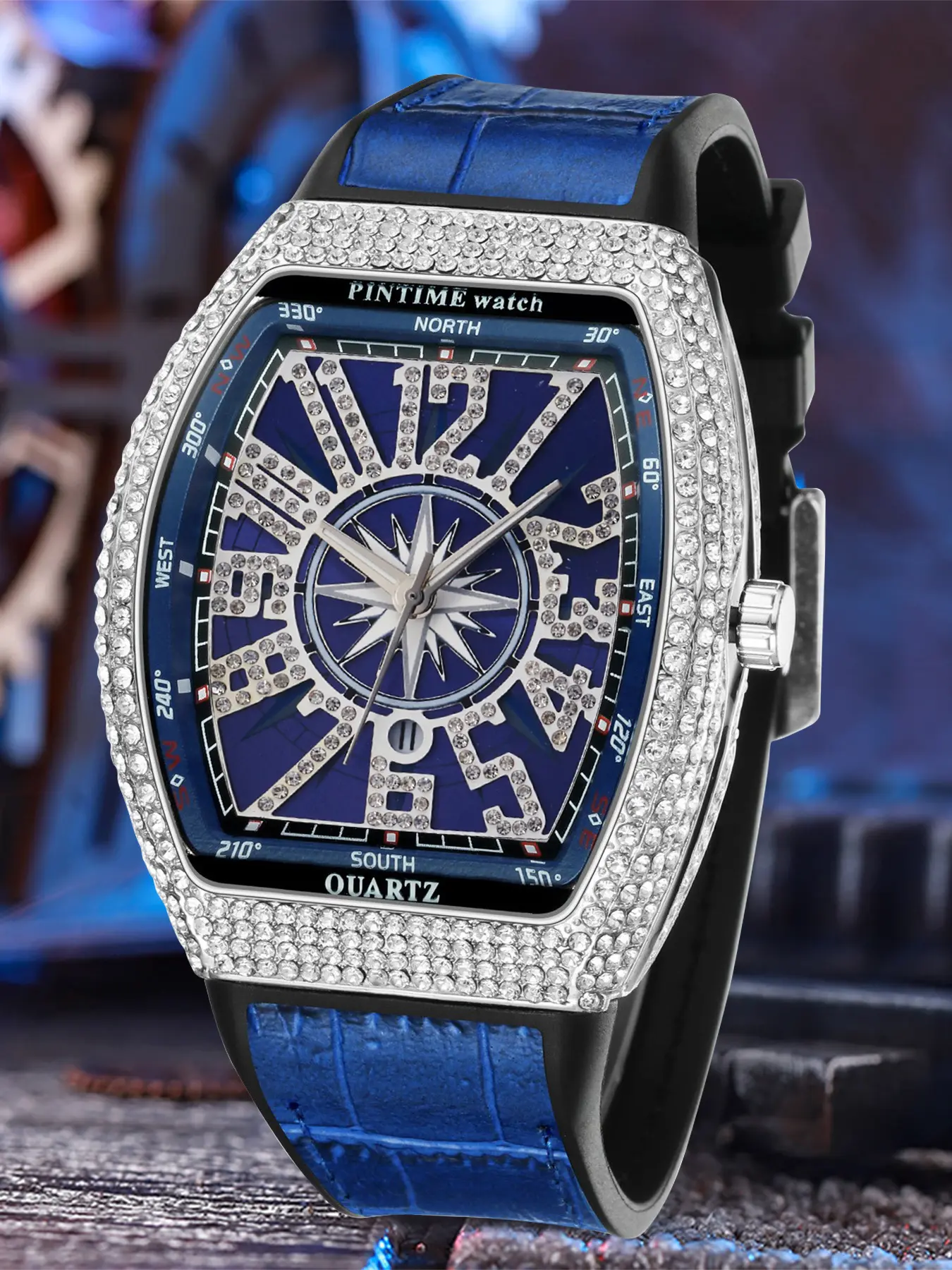 Men's Business Quartz Watch, Barrel Shape Starry Strap, Yacht Diamond Vintage Large Dial, Waterproof Stone Watch, Business Fashion Watches, Quartz Wristwatch, Quartz Analog Wristwatch, 1pc