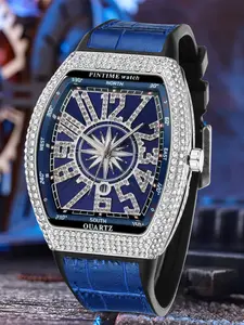 Men's Business Quartz Watch, Barrel Shape Starry Strap, Yacht Diamond Vintage Large Dial, Waterproof Stone Watch, Business Fashion Watches, Quartz Wristwatch, 1pc