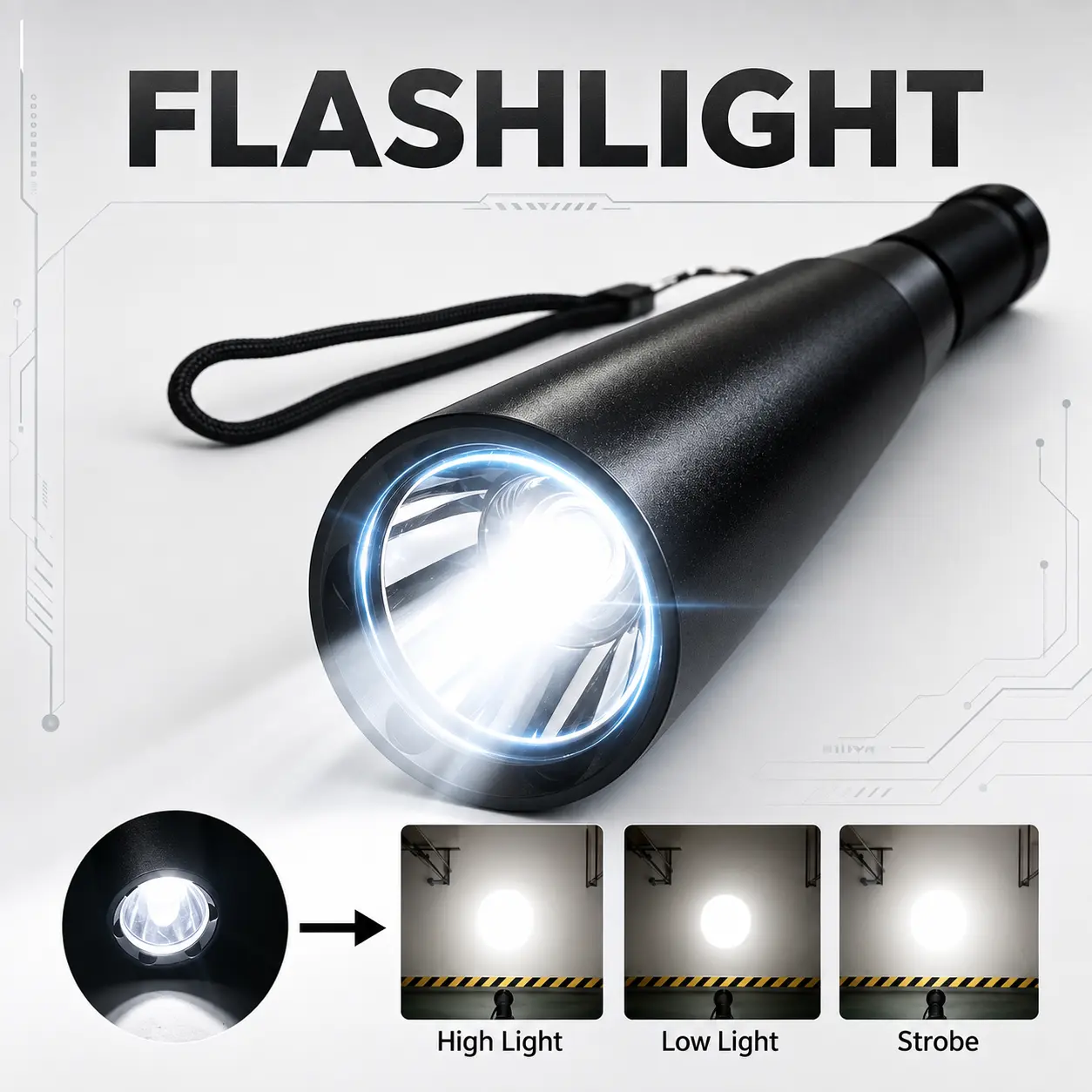 19.3in Aluminum Alloy Flashlight, Handheld Torch, Portable Flashlight with 3 Lighting Modes, Non-Slip Handle & Lost-Proof Tail Rope, Durable Long-Range Light for Travel, Emergency, Home & Outdoor Use