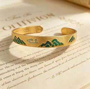 Vintage Chinese Landscape Enamel Bangle, Premium 18K Gold Engraved Scripture Bracelet for Women