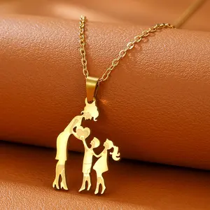 18K Gold Plated Stainless Steel Mom Daughter Son Family Necklace Stainless Steel Chain Multiple Children Silver Color Pendant Jewelry Women Mother's Day Gift