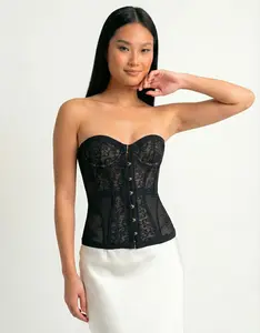 PASSION CORSET All Seasons Strapless Lace Up Front Black Corset for Women