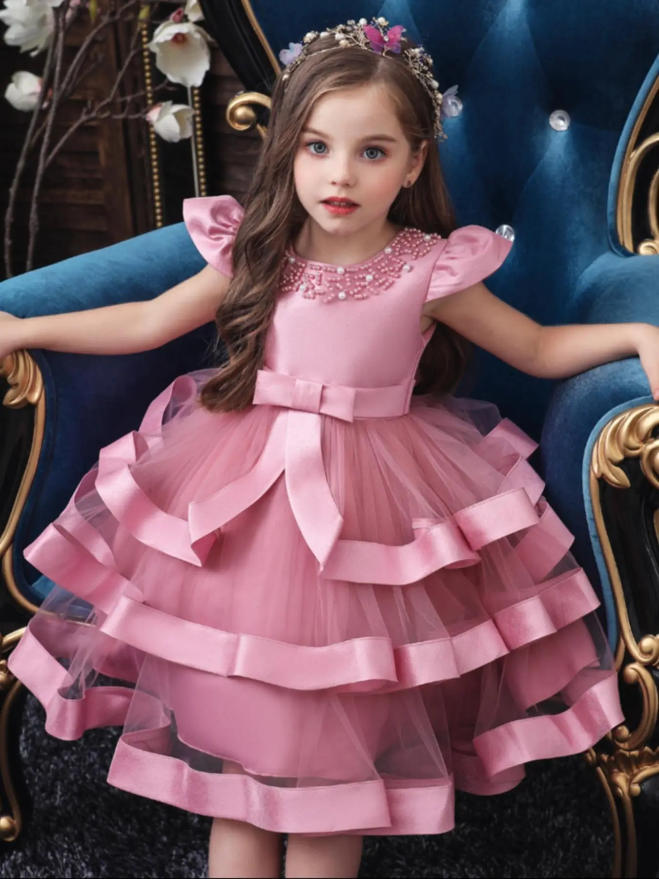 Toddler Girl's Faux Pearl Decor Bowknot Design Tiered Layer Satin Party Dress, Elegant Contrast Mesh Ruffle Trim Sleeveless A Line Dress for Party Per