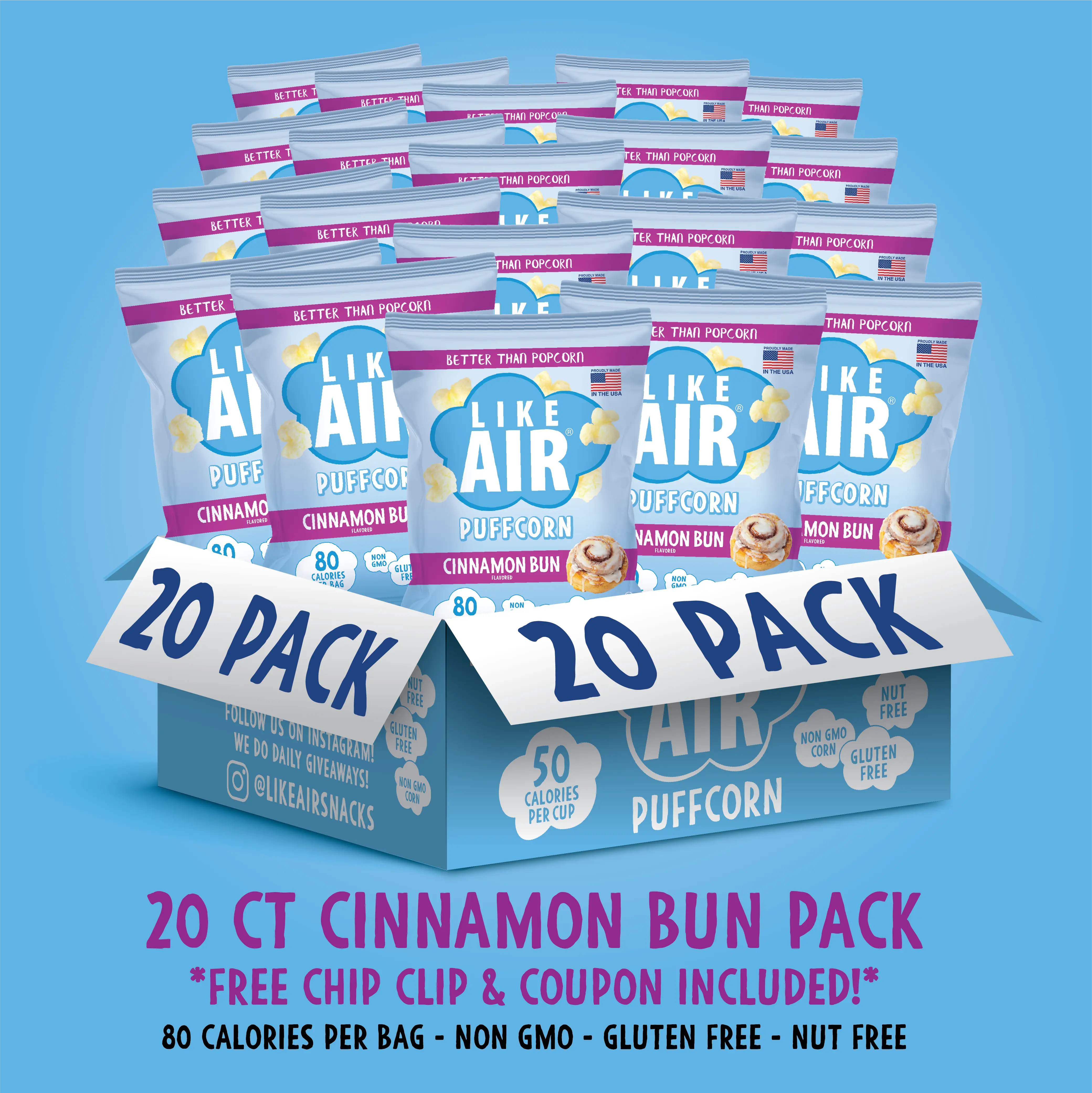 Cinnamon Bun Puffcorn Single Serve - 20 bags - Like Air Puffcorn Cinnamon Bun Puffcorn Single Serve - 20 bags - Like Air Puffcorn