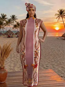 Women's Elegant Style Animal Print Long Dress Set, Slim-Fitting Moo Moo Skirt & Scarf, Beach Sun Protection Shawl, All Seasons Fashion