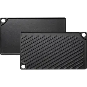 Reversible Grill/Griddle, 16.7x9.5'' Pre-Seasoned Cast Iron Griddle Pan, Double Burner Cookware, Rectangular Non-Stick Stovetop Griddle with Handles, Flat Top Plate for Oven, Grill & Campfire