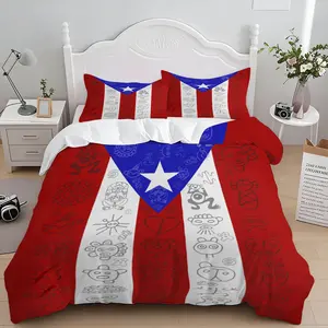 3pcs Puerto Rico Flag Theme Bedding Set, Blue Colors, Fun Graffiti Pattern, Soft, Bedroom Dorm Decor Gift, Bed Sheet Set