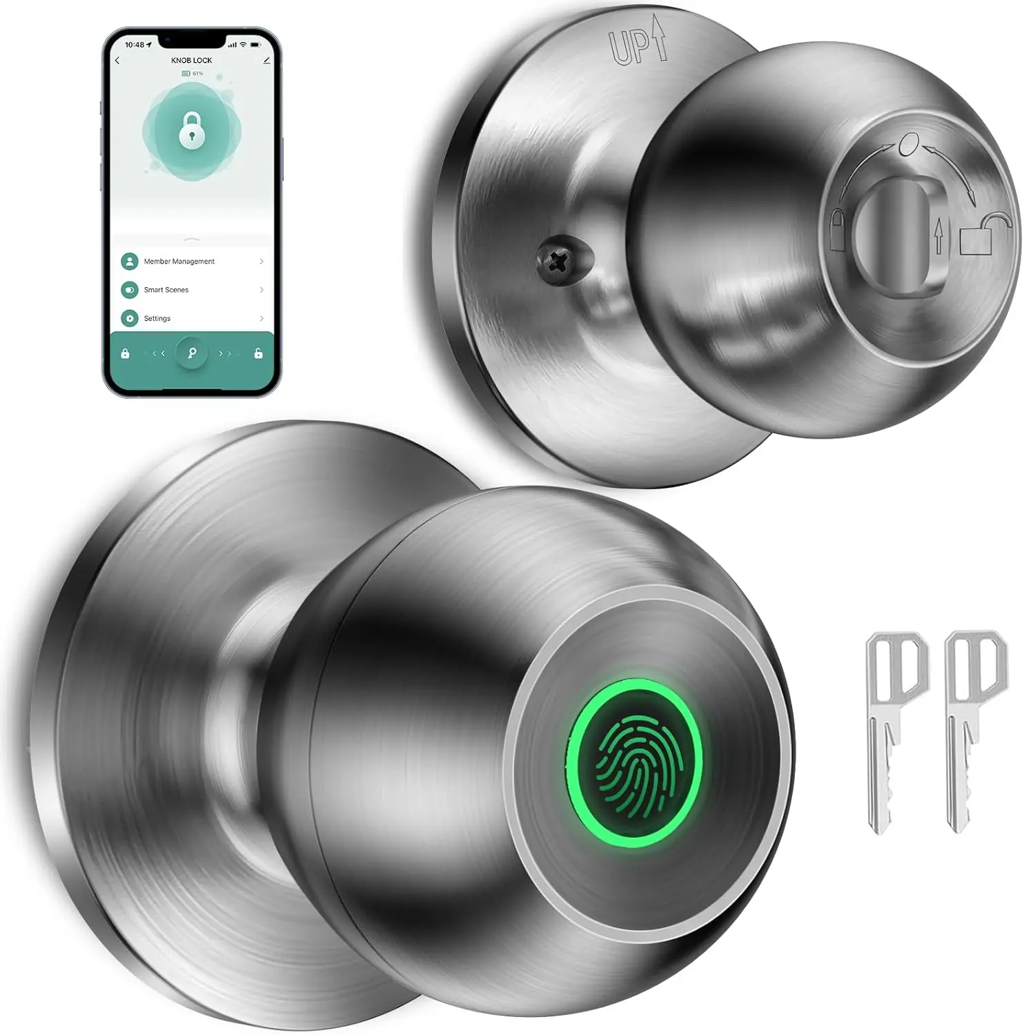 [Deals for You Days] Euerte Smart Lock Fingerprint Door Knob with App Control Key Type-C Port Emergency Charging Biometric Lock for Front Door Home Apartment Office FathersDayGift