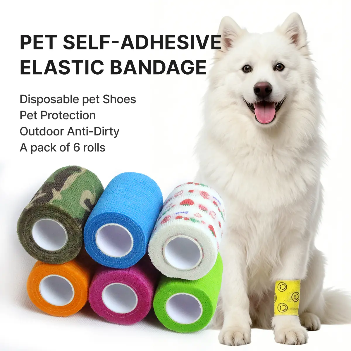 6 Rolls of Disposable dog shoes, super strong adhesive, Waterproof and stain-resistant，highly elastic and comfortable, convenient and hygienic, pet protection, universal design, suitable for both indoor and outdoor use，Suitable for dogs over 20 lbs, Trave