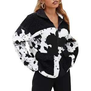 EARKOHA Womens Winter Coat Cow Print Fashion Zip Up Faux Fur Sherpa Jacket Warm Fleece Oversized Outwear with Pockets OC040701