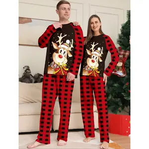 Christmas Couple Matching Homeewear Set, Loose Fit Long Sleeve Pants, Soft Breathable Fabric, Holiday Party Family Photo, Plaid & Deer PrintRAIMENTRY