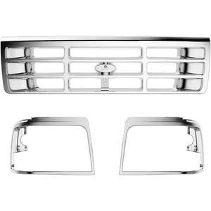 HECASA Front Grille & Headlight Bezel Compatible with 1992-1997 Ford Bronco F-150 F-250 HD F-350 Replacement for F4TZ8200A FO1200173 F2TZ13064D FO2512130 F2TZ13064C FO2513131 Chrome Silvery