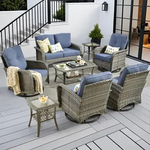 8 PCS Outdoor Patio Furniture Set, All-Weather Rattan Conversation Bistro Loveseat & Sofa Swivel Chairs and Patio Rockers Set for Backyard, Balcony and Deck with Soft Cushions and Coffee Table