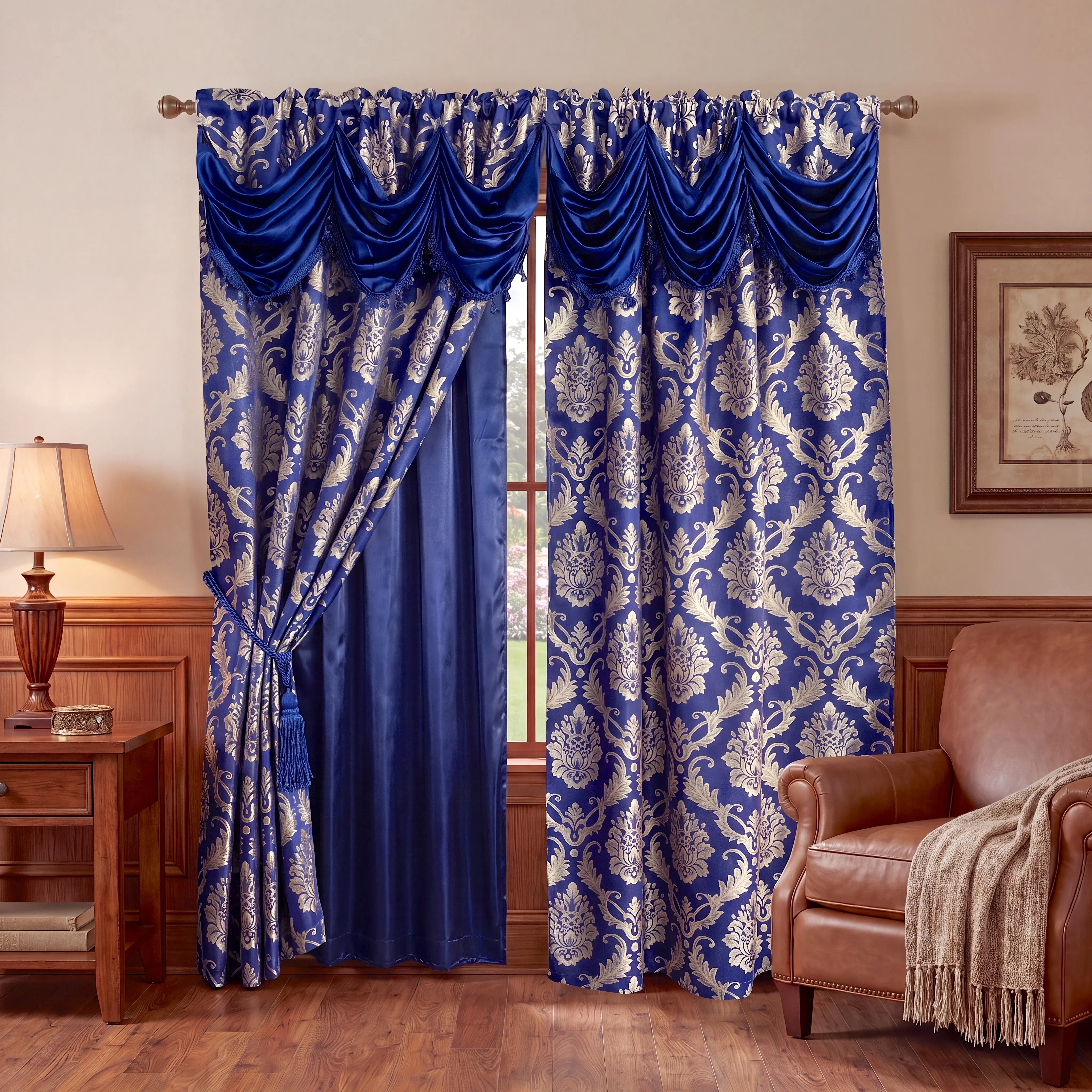2-Panel Double Layer Jacquard Rod Pocket Blackout Window Curtains with Waterfall Valance, 52x (84 95 102 110) inch Wrinkle-Resistant, Anti-Shrink Premium Home Decor, Bedroom Household Textile Accessory, JV1