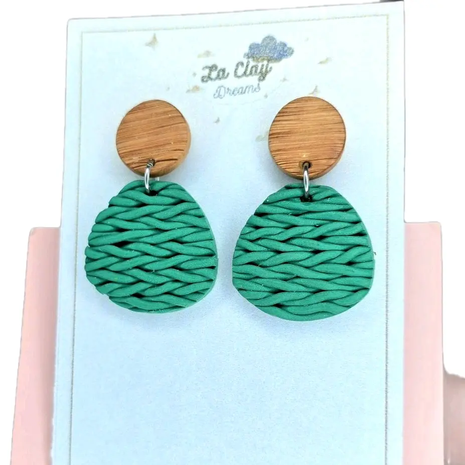 Handmade Polymerclay Green Knitted Earrings with Brown Wood Like Studs, Lightweight, and Hypoallergenic backings