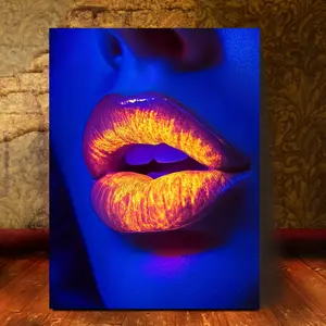 2D Flat Neon Lust UV Reactive Lip Print Canvas Wall Art, Artwork, Modern Art Design - Vivid Blue and Orange Lip Print, 2D Flat Wooden Frame, Perfect for Bedroom and Living Room Decoration|Vivid Wall Art|Wooden Frame Art, Lip Print Art Decoration
